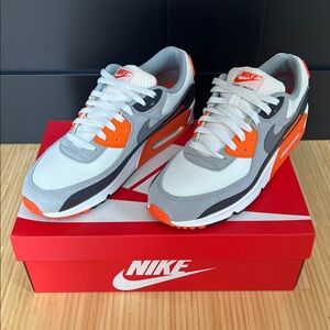 Nike Air Max 90 Summit White Safety Orange and Dark Smoke Grey Size 11